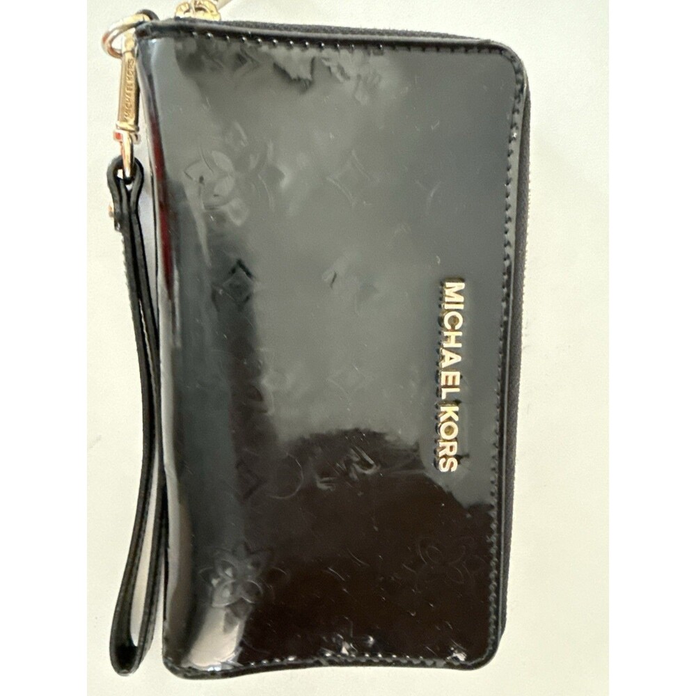 Michael Kors Black Patent Logo Zip Around Wristlet Wallet Gold Tone Hardware